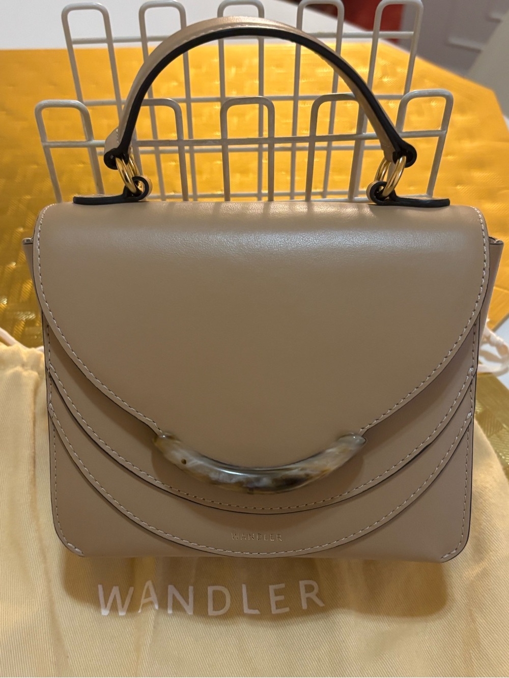 Wandler Taupe Leather Top-Handle Satchel with Tortoiseshell Accent